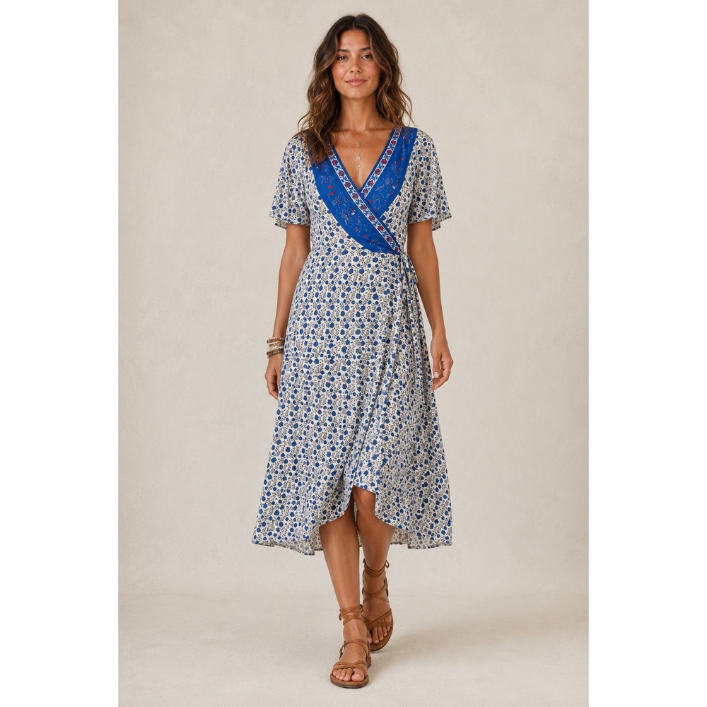 Lucky Brand Border Print Wrap Midi Dress M Blue Floral Boho Chic Cottage Prairie
